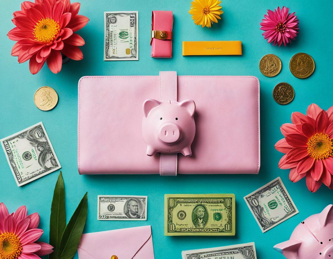 A visually stunning collage showcasing beautiful objects like wallets, piggy banks, and blooming flowers, symbolizing financial growth and beauty. Include graphics of coins, dollar bills, and free resource icons like books and websites. Use a bright, inviting color palette to create an uplifting atmosphere, while emphasizing the idea of saving and personal growth. super-realistic. vibrant colors. white background.
