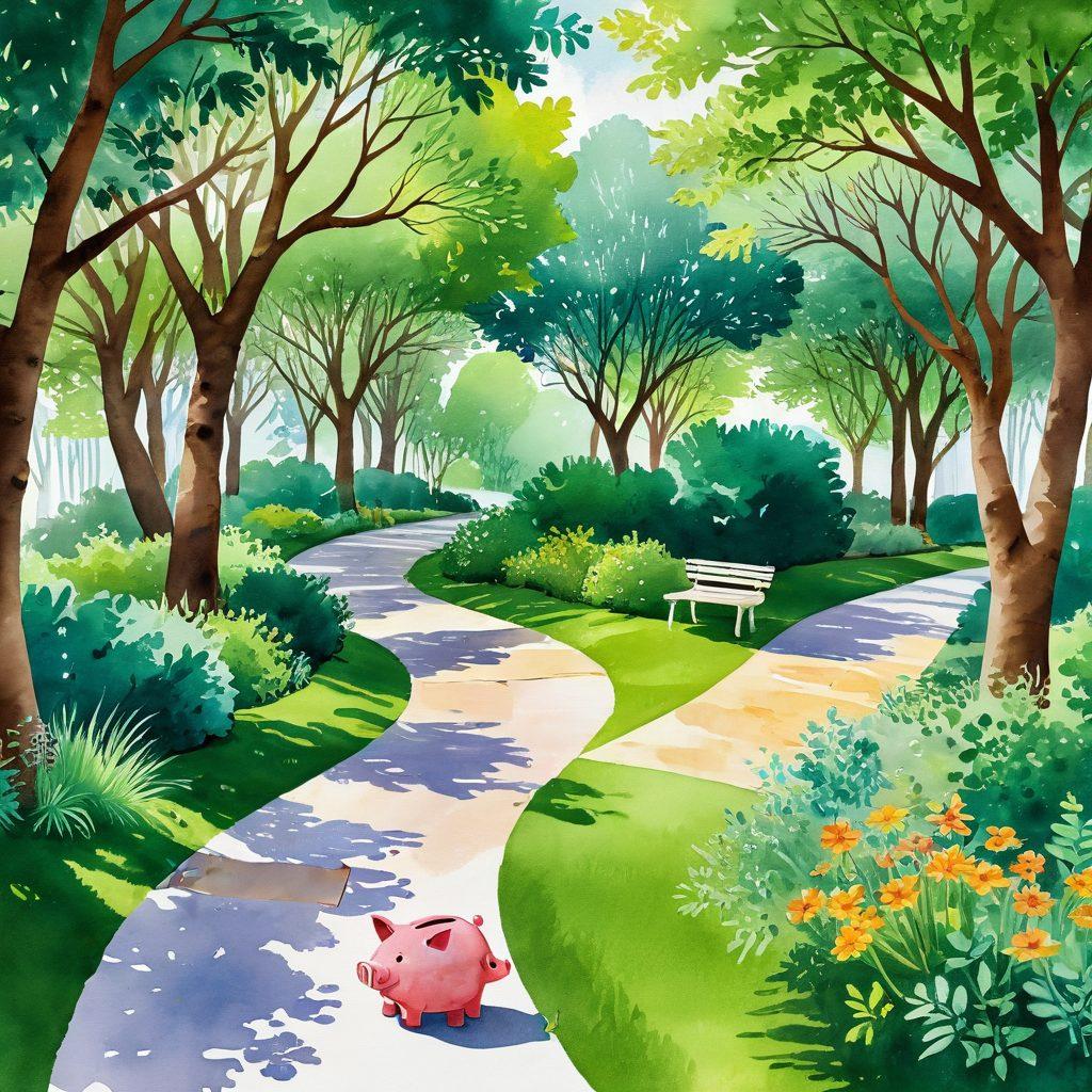 A serene pathway winding through a lush green park, with signs pointing towards various financial resources such as a piggy bank, budgeting tools, and investment guides, all designed in a whimsical style. Sunlight filtering through trees, casting dappled shadows, evokes a sense of tranquility and ease of access. Interactive elements like floating dollar signs and calculators add a touch of modernity. watercolor illustration. vibrant colors.