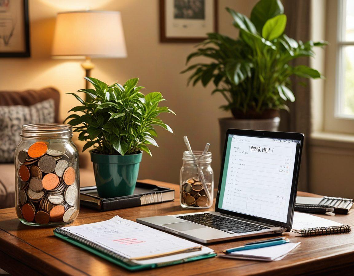 A cozy, inviting living room with a budget-friendly decor, featuring a chalkboard with colorful budgeting tips, a jar filled with coins labeled 'Savings', a laptop displaying financial graphs, and a tea cup beside a notepad with a checklist. The room should have warm lighting and a green plant to symbolize growth in wealth education. super-realistic. vibrant colors. soft background.